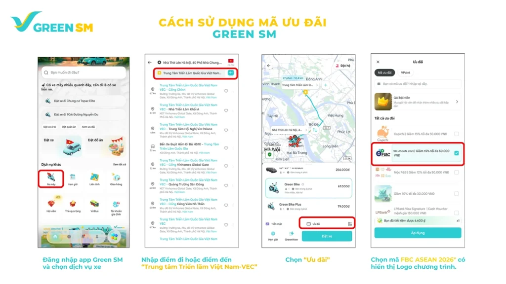 cách sử dụng mã ưu đãi Green SM khi di chuyển tới FBC ASEAN 2026 dành cho khách tham quan